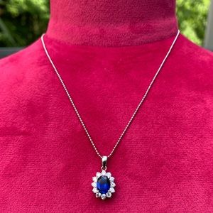 ✨NEW 925 Sterling Silver Princess Kate Sapphire and CZ Diamonds Necklace